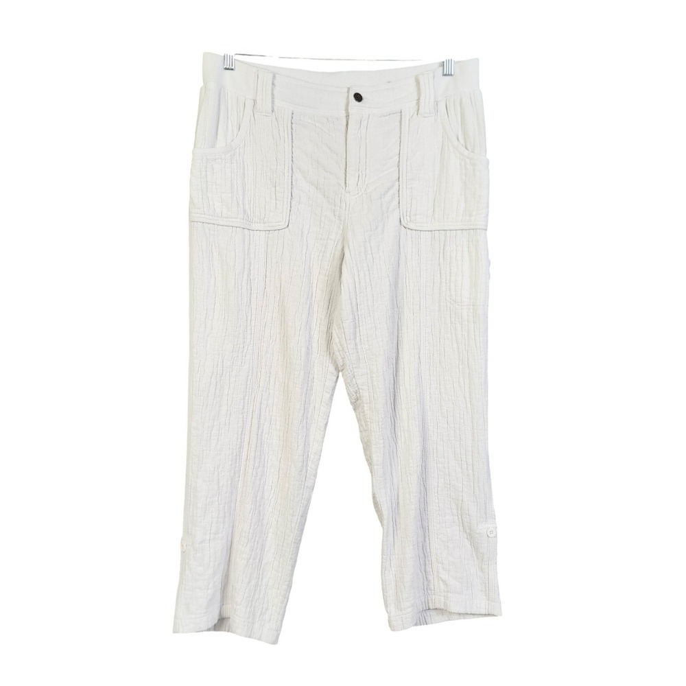 Chicos Womens Crinkle Textured Roll Hem Cargo Pants Size 12 White Cotton Blend